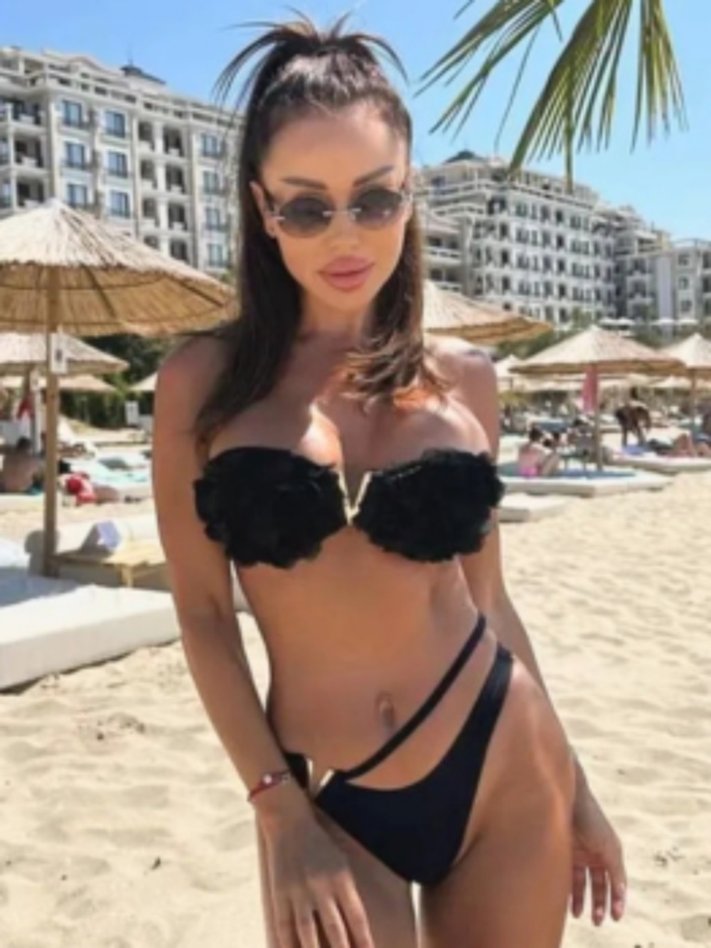 Black Floral Strapless Bikini Gold V-Bar Swimsuit | S